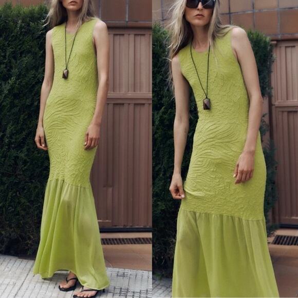 Zara Blogger Favorite Green Textured Combined Knit Sleeveless Maxi Dress Size M - Picture 1 of 16